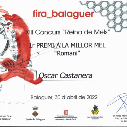 1r Premio 2022 Miel de Romero. XIII Concurso "Reina de Mels" Fira Q Balaguer 