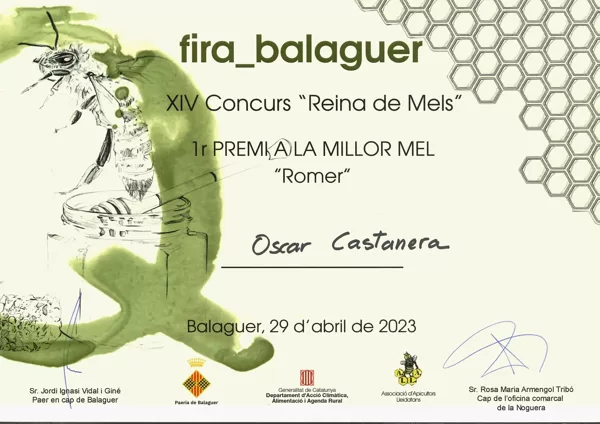 1r Premio 2023 Miel de Romero. XIV Concurso "Reina de Mels" Fira Q Balaguer