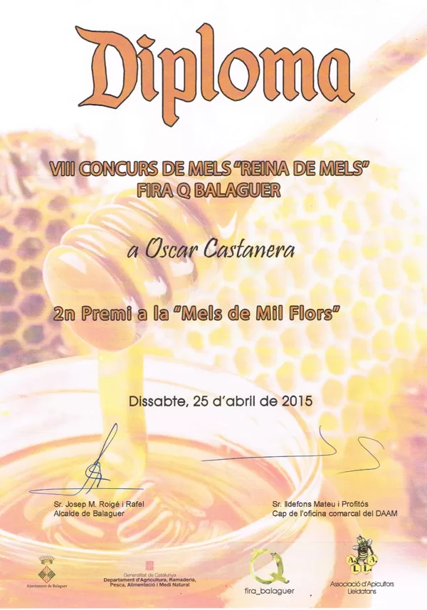 2º Premio 2015 Miel de Mil Flores. VII Concurso de mieles "Reina de Mels". Fira Q Balaguer