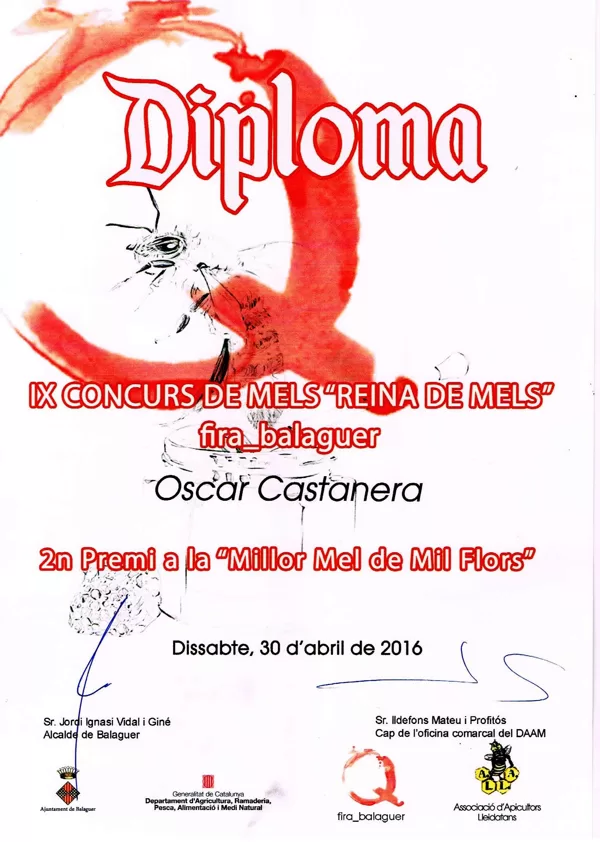 2º Premio 2016 Miel de Mil Flores. IX Concurso de mieles "Reina de Mels" Fira Q Balaguer