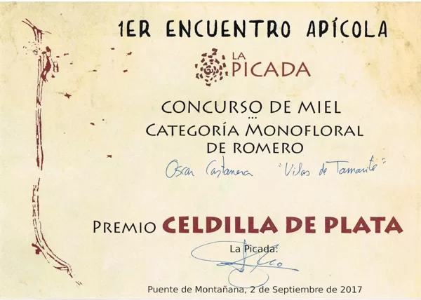 2º Premio 2017 Miel de Romero. Concurso de miel La Picada