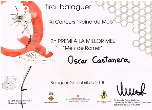 2º Premio 2018 Miel de Romero. XI Concurso "Reina de Mels". Fira Q Balaguer