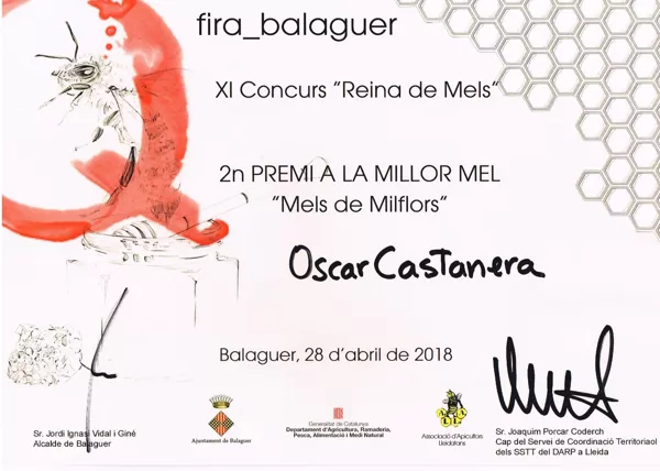 2º Premio 2018 Miel de Mil Flores. XI Concurso "Reina de Mels". Fira Q Balaguer