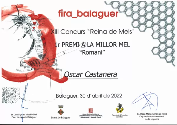 1r Premio 2022 Miel de Romero. XIII Concurso "Reina de Mels" Fira Q Balaguer 